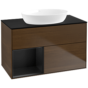 Villeroy und Boch Finion Waschtischunterschrank FA12PDGN 100cm, Abdeckplatte black matt, Regale Black matt lacquer, Walnut veneer
