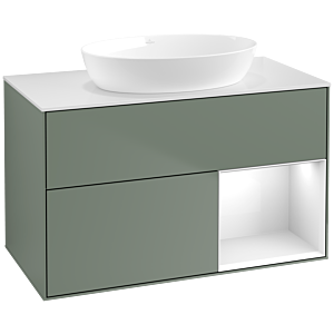 Villeroy und Boch Finion Waschtischunterschrank FA21GFGM 100cm, Abdeckplatte white matt, Regale Glossy white lacquer, Olive Matt Lacquer
