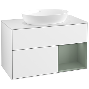 Villeroy und Boch Finion Waschtischunterschrank FA21GMGF 100cm, Abdeckplatte white matt, Regale Olive matt lacquer, Glossy white lacquer