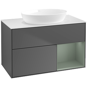 Villeroy und Boch Finion Waschtischunterschrank FA21GMGK 100cm, Abdeckplatte white matt, Regale Olive matt lacquer, Anthracite matt