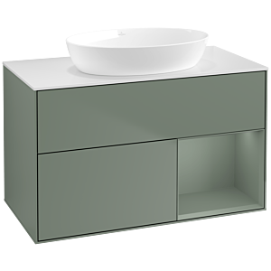 Villeroy und Boch Finion Waschtischunterschrank FA21GMGM 100cm, Abdeckplatte white matt, Regale Olive matt lacquer, Olive Matt Lacquer