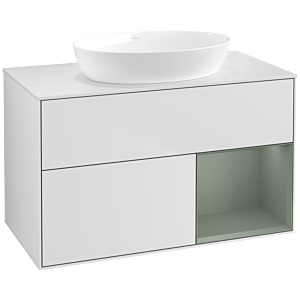 Villeroy und Boch Finion Waschtischunterschrank FA21GMMT 100cm, Abdeckplatte white matt, Regale Olive matt lacquer, White matt lacquer
