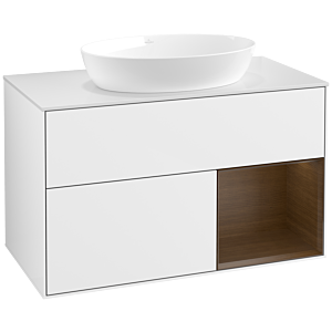 Villeroy und Boch Finion Waschtischunterschrank FA21GNGF 100cm, Abdeckplatte white matt, Regale Walnut Veneer, Glossy white lacquer