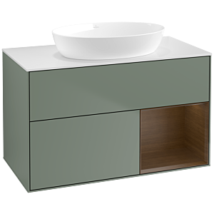 Villeroy et Boch Finion Villeroy et Boch FA21GNGM 100cm, plaque de recouvrement blanc mat, étagères Walnut Veneer , Olive Matt Lacquer