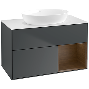 Villeroy und Boch Finion Waschtischunterschrank FA21GNHG 100cm, Abdeckplatte white matt, Regale Walnut Veneer, Midnight Blue Matt Lacquer