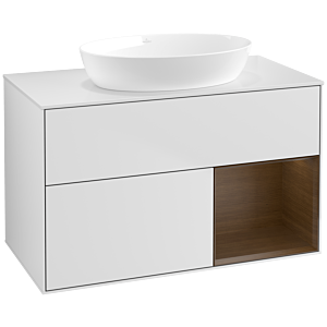 Villeroy und Boch Finion Waschtischunterschrank FA21GNMT 100cm, Abdeckplatte white matt, Regale Walnut Veneer, White matt lacquer