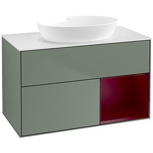 Villeroy und Boch Finion Waschtischunterschrank FA21HBGM 100cm, Abdeckplatte white matt, Regale Peony matt lacquer, Olive Matt Lacquer