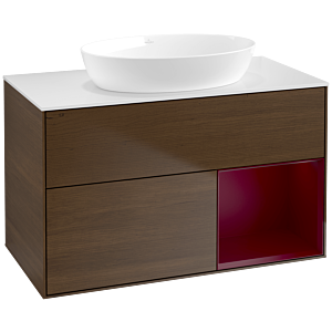 Villeroy und Boch Finion Waschtischunterschrank FA21HBGN 100cm, Abdeckplatte white matt, Regale Peony matt lacquer, Walnut veneer