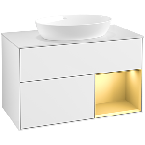 Villeroy und Boch Finion Waschtischunterschrank FA21HFGF 100cm, Abdeckplatte white matt, Regale Gold matt lacquer, Glossy white lacquer