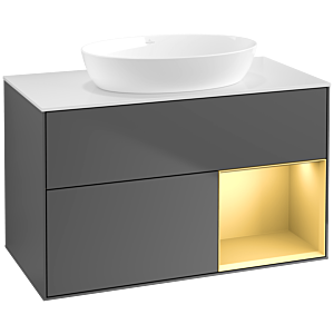 Villeroy und Boch Finion Waschtischunterschrank FA21HFGK 100cm, Abdeckplatte white matt, Regale Gold matt lacquer, Anthracite matt