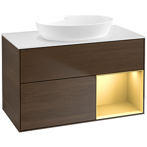 Villeroy und Boch Finion Waschtischunterschrank FA21HFGN 100cm, Abdeckplatte white matt, Regale Gold matt lacquer, Walnut veneer