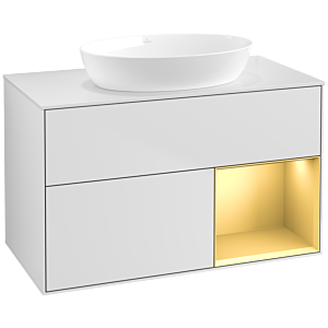 Villeroy und Boch Finion Waschtischunterschrank FA21HFMT 100cm, Abdeckplatte white matt, Regale Gold matt lacquer, White matt lacquer