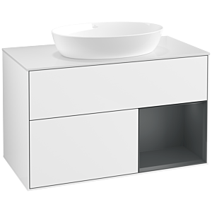 Villeroy und Boch Finion Waschtischunterschrank FA21HGGF 100cm, Abdeckplatte white matt, Regale Midnight matt lacquer, Glossy white lacquer