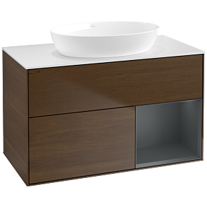 Villeroy und Boch Finion Waschtischunterschrank FA21HGGN 100cm, Abdeckplatte white matt, Regale Midnight matt lacquer, Walnut veneer