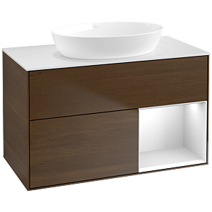 Villeroy und Boch Finion Waschtischunterschrank FA21MTGN 100cm, Abdeckplatte white matt, Regale White matt lacquer, Walnut veneer