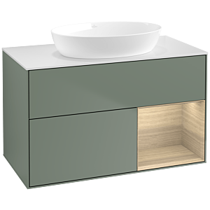 Villeroy und Boch Finion Waschtischunterschrank FA21PCGM 100cm, Abdeckplatte white matt, Regale Oak Veneer, Olive Matt Lacquer