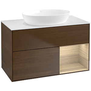 Villeroy und Boch Finion Waschtischunterschrank FA21PCGN 100cm, Abdeckplatte white matt, Regale Oak Veneer, Walnut veneer