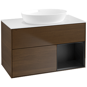 Villeroy und Boch Finion Waschtischunterschrank FA21PDGN 100cm, Abdeckplatte white matt, Regale Black matt lacquer, Walnut veneer