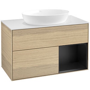 Villeroy und Boch Finion Waschtischunterschrank FA21PDPC 100cm, Abdeckplatte white matt, Regale Black matt lacquer, Oak Veneer