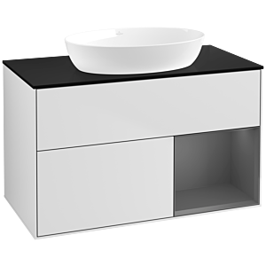 Villeroy et Boch Finion Villeroy et Boch FA22GKMT 100cm, plaque de recouvrement noir mat, étagères laqué mat anthracite, laqué blanc mat