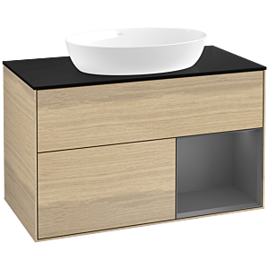 Villeroy und Boch Finion Waschtischunterschrank FA22GKPC 100cm, Abdeckplatte black matt, Regale Anthracite matt lacquer, Oak Veneer