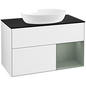 Villeroy et Boch Finion Villeroy et Boch FA22GMGF 100cm, plaque de recouvrement noir mat, étagères laqué olive mat, laqué blanc brillant