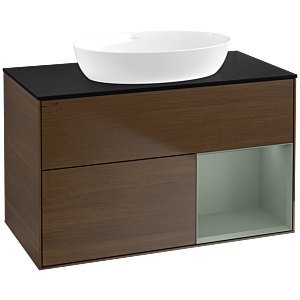 Villeroy und Boch Finion Waschtischunterschrank FA22GMGN 100cm, Abdeckplatte black matt, Regale Olive matt lacquer, Walnut veneer