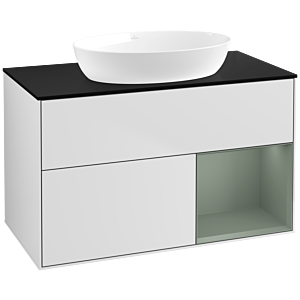 Villeroy und Boch Finion Waschtischunterschrank FA22GMMT 100cm, Abdeckplatte black matt, Regale Olive matt lacquer, White matt lacquer