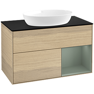 Villeroy und Boch Finion Waschtischunterschrank FA22GMPC 100cm, Abdeckplatte black matt, Regale Olive matt lacquer, Oak Veneer