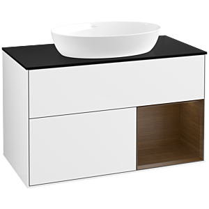 Villeroy und Boch Finion Waschtischunterschrank FA22GNGF 100cm, Abdeckplatte black matt, Regale Walnut Veneer, Glossy white lacquer