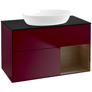 Villeroy und Boch Finion Waschtischunterschrank FA22GNHB 100cm, Abdeckplatte black matt, Regale Walnut Veneer, Peony Matt