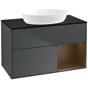 Villeroy und Boch Finion Waschtischunterschrank FA22GNHG 100cm, Abdeckplatte black matt, Regale Walnut Veneer, Midnight Blue Matt Lacquer