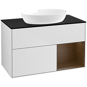 Villeroy und Boch Finion Waschtischunterschrank FA22GNMT 100cm, Abdeckplatte black matt, Regale Walnut Veneer, White matt lacquer