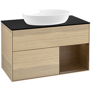Villeroy und Boch Finion Waschtischunterschrank FA22GNPC 100cm, Abdeckplatte black matt, Regale Walnut Veneer, Oak Veneer