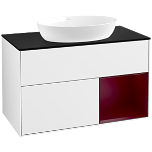 Villeroy und Boch Finion Waschtischunterschrank FA22HBGF 100cm, Abdeckplatte black matt, Regale Peony matt lacquer, Glossy white lacquer