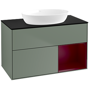 Villeroy und Boch Finion Waschtischunterschrank FA22HBGM 100cm, Abdeckplatte black matt, Regale Peony matt lacquer, Olive Matt Lacquer