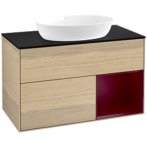 Villeroy und Boch Finion Waschtischunterschrank FA22HBPC 100cm, Abdeckplatte black matt, Regale Peony matt lacquer, Oak Veneer