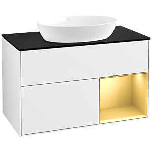 Villeroy et Boch Finion Villeroy et Boch FA22HFGF 100cm, plaque de recouvrement noir mat, étagères laqué or mat, laqué blanc brillant