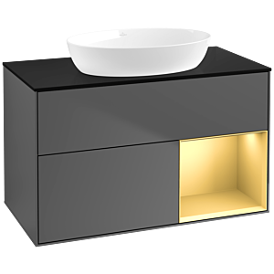 Villeroy und Boch Finion Waschtischunterschrank FA22HFGK 100cm, Abdeckplatte black matt, Regale Gold matt lacquer, Anthracite matt