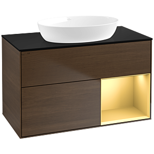 Villeroy und Boch Finion Waschtischunterschrank FA22HFGN 100cm, Abdeckplatte black matt, Regale Gold matt lacquer, Walnut veneer