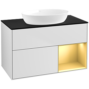 Villeroy und Boch Finion Waschtischunterschrank FA22HFMT 100cm, Abdeckplatte black matt, Regale Gold matt lacquer, White matt lacquer