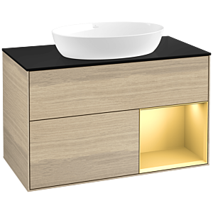 Villeroy und Boch Finion Waschtischunterschrank FA22HFPC 100cm, Abdeckplatte black matt, Regale Gold matt lacquer, Oak Veneer