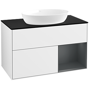 Villeroy et Boch Finion Villeroy et Boch FA22HGGF 100cm, plaque de recouvrement noir mat, étagères laqué mat Midnight, laqué blanc brillant