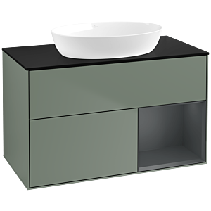 Villeroy und Boch Finion Waschtischunterschrank FA22HGGM 100cm, Abdeckplatte black matt, Regale Midnight matt lacquer, Olive Matt Lacquer