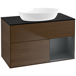 Villeroy und Boch Finion Waschtischunterschrank FA22HGGN 100cm, Abdeckplatte black matt, Regale Midnight matt lacquer, Walnut veneer