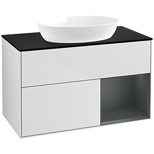 Villeroy et Boch Finion Villeroy et Boch FA22HGMT 100cm, plaque de recouvrement noir mat, étagères laqué mat Midnight, laqué blanc mat
