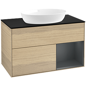Villeroy et Boch Finion Villeroy et Boch FA22HGPC 100cm, plaque de recouvrement noir mat, étagères laqué mat Midnight, Oak Veneer