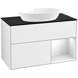 Villeroy et Boch Finion Villeroy et Boch FA22MTGF 100cm, plaque de recouvrement noir mat, étagères laqué blanc mat, laqué blanc brillant
