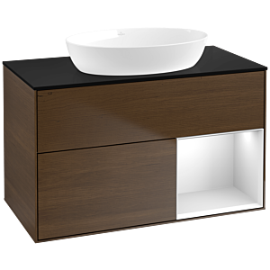 Villeroy et Boch Finion Villeroy et Boch FA22MTGN 100cm, plaque de recouvrement noir mat, étagères laqué blanc mat, placage noyer