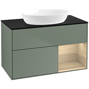 Villeroy und Boch Finion Waschtischunterschrank FA22PCGM 100cm, Abdeckplatte black matt, Regale Oak Veneer, Olive Matt Lacquer